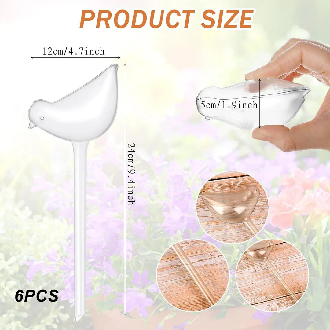 Automatic Self-Watering Globe in the shape of a bird, made of clear plastic for growing and displaying plants indoors or outdoors.