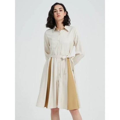 Elegant beige A-line dress with long sleeves, turn-down collar, and included belt for a flattering fit