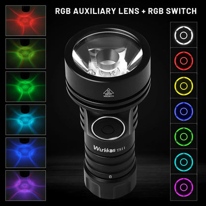 Powerful 2000-lumen USB-C rechargeable EDC flashlight with RGB auxiliary lights and IP68 waterproof design