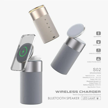 Premium 3-in-1 Wireless Charging Hub with Bluetooth Speaker and Touch Lamp for Home and Office Use