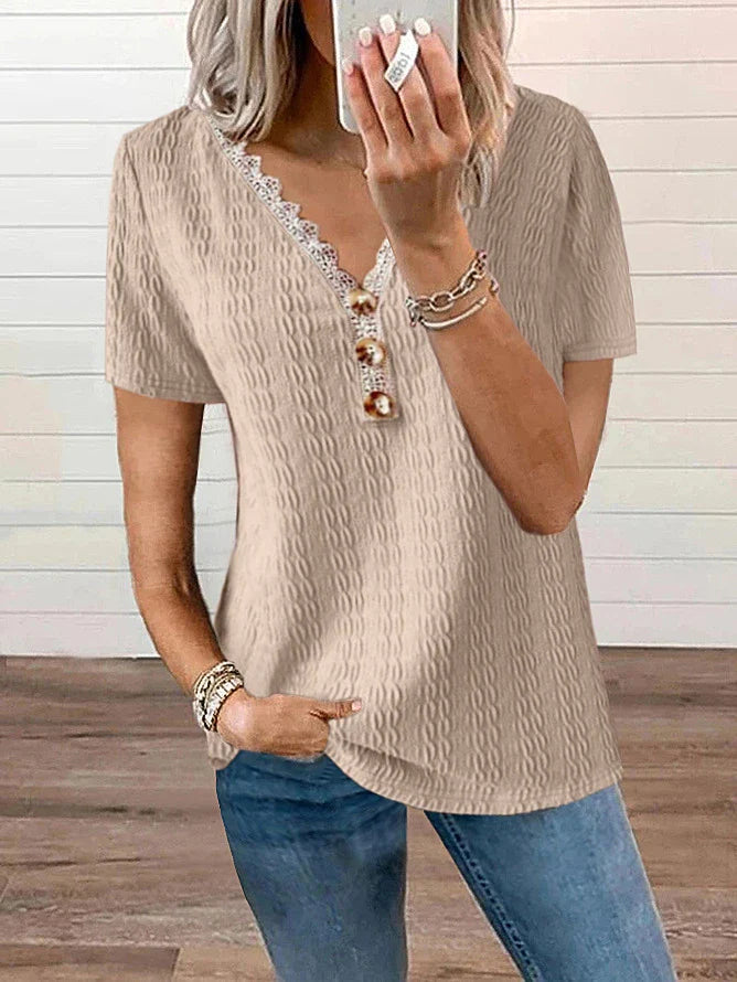 Stylish loose-fit V-neck casual T-shirt with lace detailing and button accents, available in a range of colours