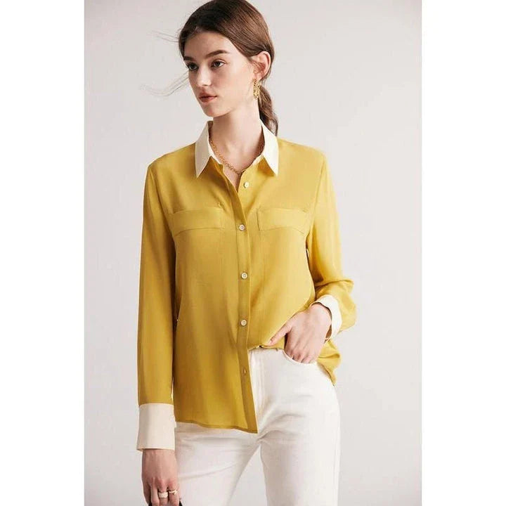Sophisticated 100% Mulberry silk crepe de chine dress shirt for stylish women in the UK, offering elegance, comfort and versatility.