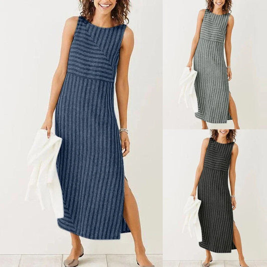 Sleeveless maxi dress with geometric stitching pattern, made of premium cotton and linen blend