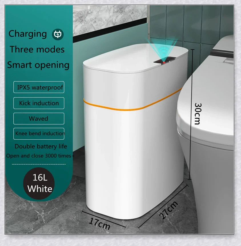 Sensor-powered bin with sleek design and touch-free motion-activated lid for effortless, hygienic waste disposal