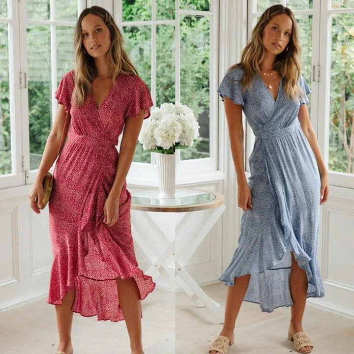 Elegant V-neck short-sleeved lace dress in a flattering silhouette, featuring delicate lace details and a blend of European and British fashion influences.
