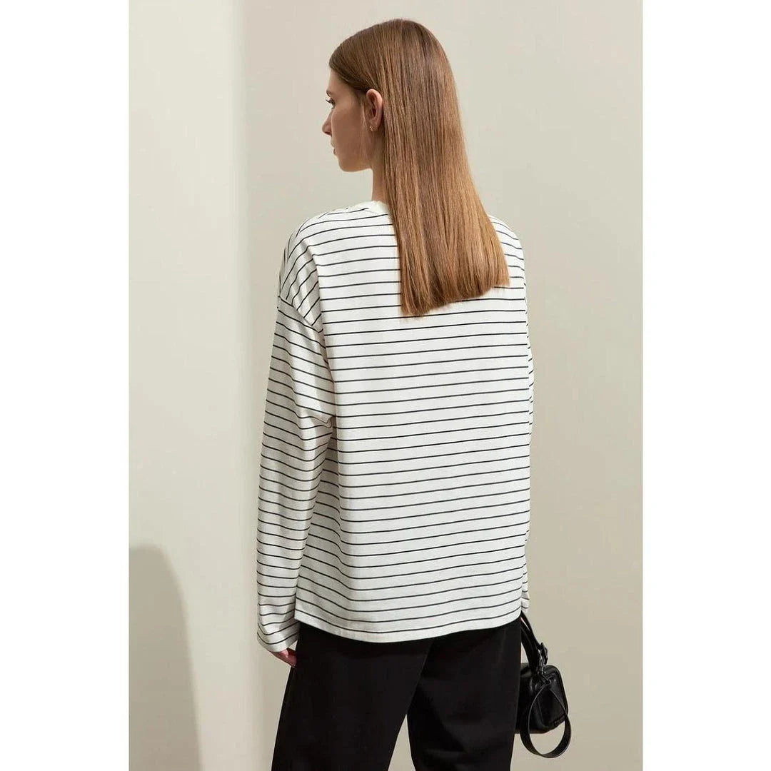 Premium casual striped cotton t-shirt with patchwork detail, offering a stylish and comfortable everyday essential