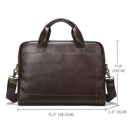 Men's genuine leather briefcase in dark coffee colour, featuring a spacious interior and adjustable shoulder strap for versatile carrying