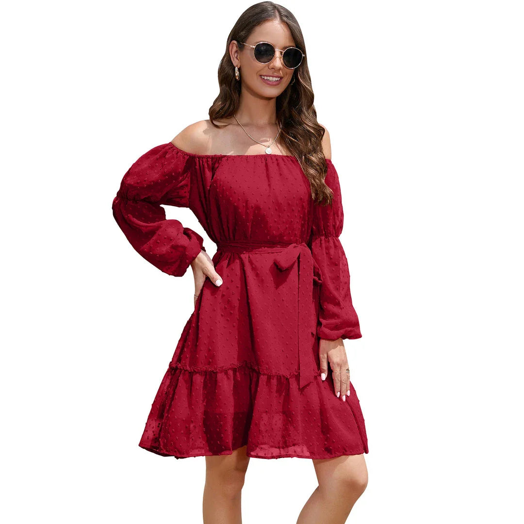 Stylish one-shoulder chiffon dress with ruffled bubble dot design, available in various sizes and blue colour