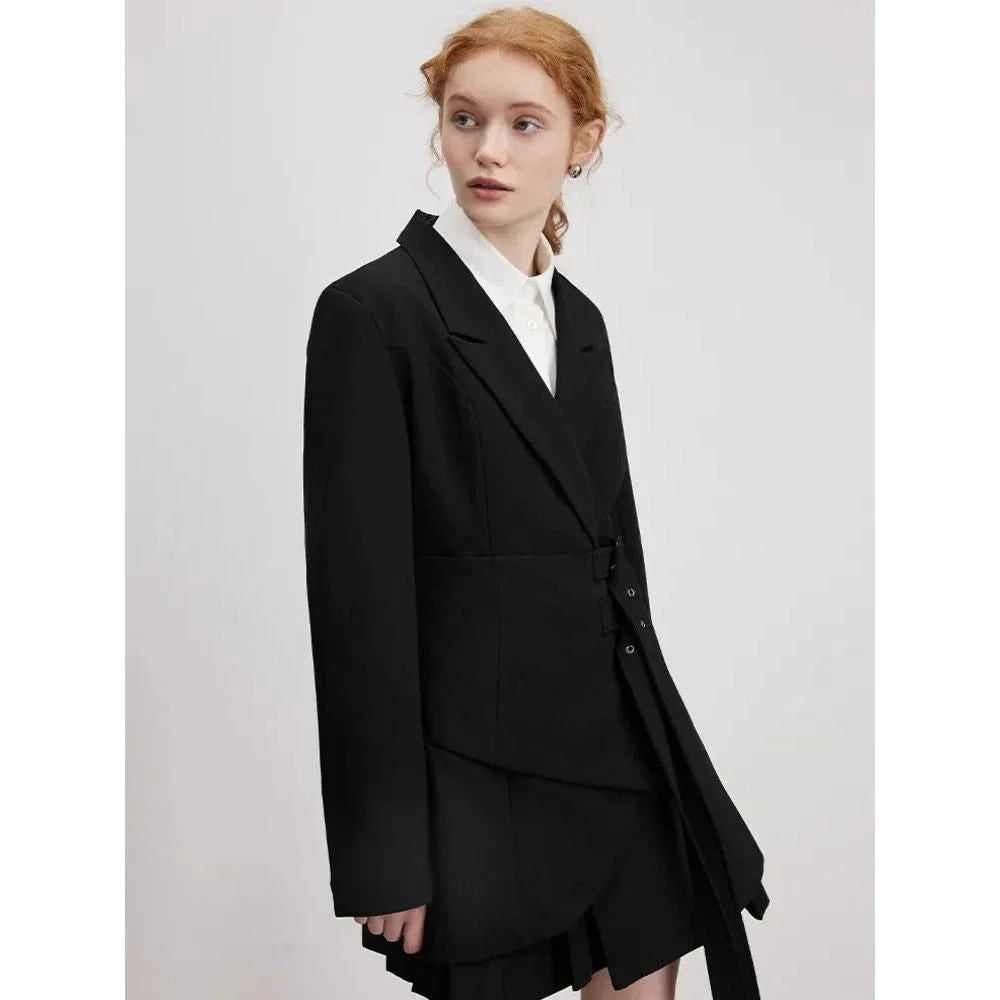 Chic slim-fit adjustable waist blazer in black colour, perfect for formal and casual occasions in the UK