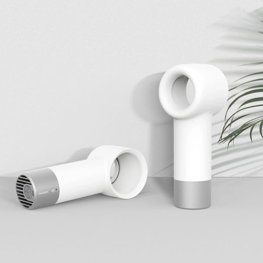 Compact, cordless, and bladeless fan with a sleek, white design and a powerful 900mAh battery for portable cooling.