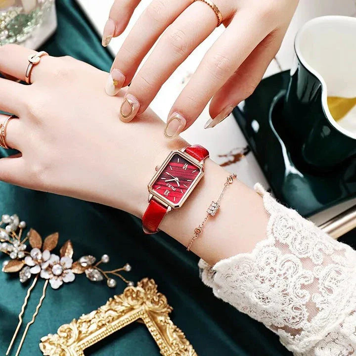 Refined square dial ladies watch with genuine leather strap, minimalist design, and durable aluminium alloy case