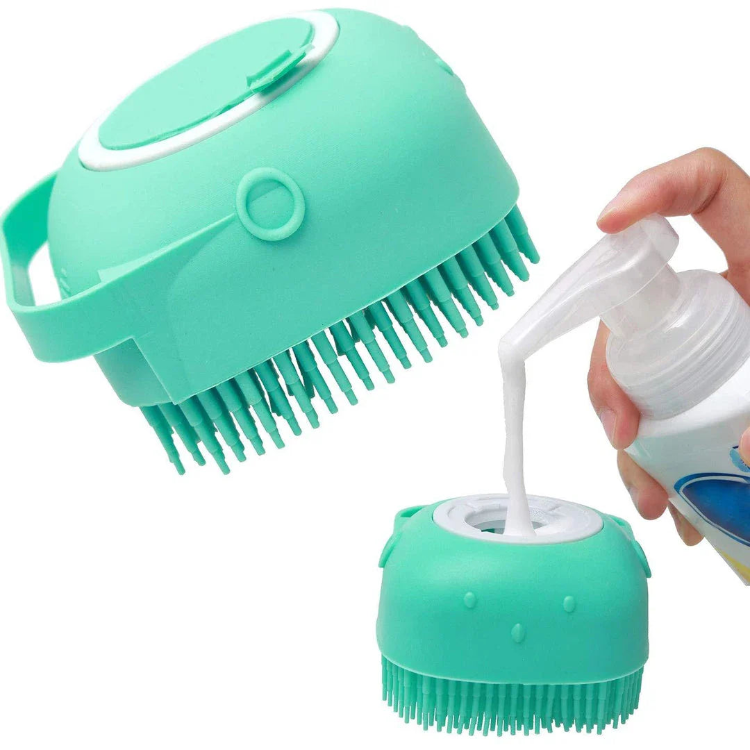 A yellow dog bath brush with a built-in shampoo dispenser and soft silicone bristles for a relaxing, spa-like bathing experience.
