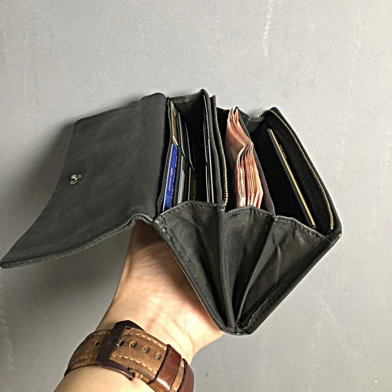 Premium handcrafted cowhide wallet with retro-inspired design, featuring hidden zipper compartment and dedicated card slots