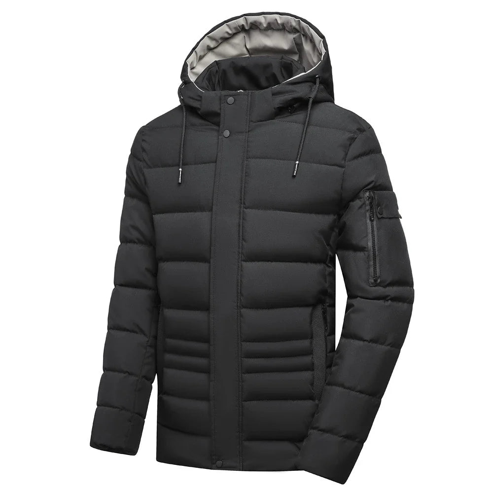 Warm and versatile fleece-lined cotton jacket for men in various classic colours, featuring a detachable hood for added protection against the elements.