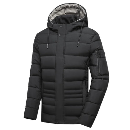 Warm and versatile fleece-lined cotton jacket for men in various classic colours, featuring a detachable hood for added protection against the elements.