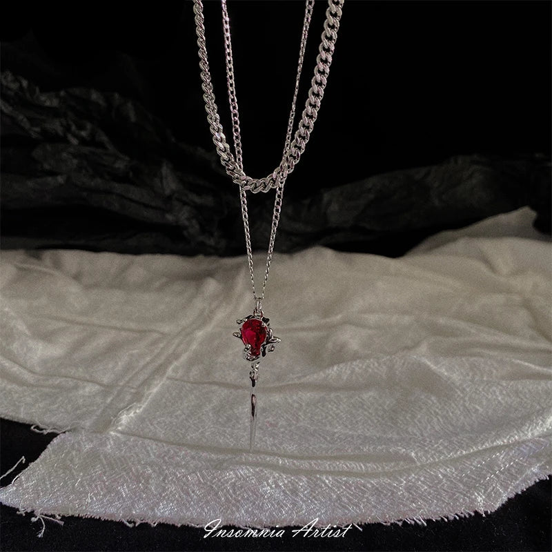 Premium Vampire Sceptre Necklace with Alloy and Semi-Precious Stones, Adjustable Chain for Customised Fit, Gothic Charm and Macabre Style