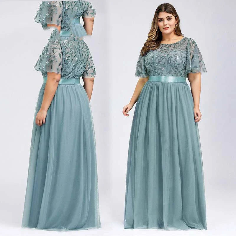 A plus size evening gown with a sparkling sequin mesh overlay in a variety of colours, including white, gray, green, black, gold, wine red, navy blue, bean paste powder, and dirty blue.