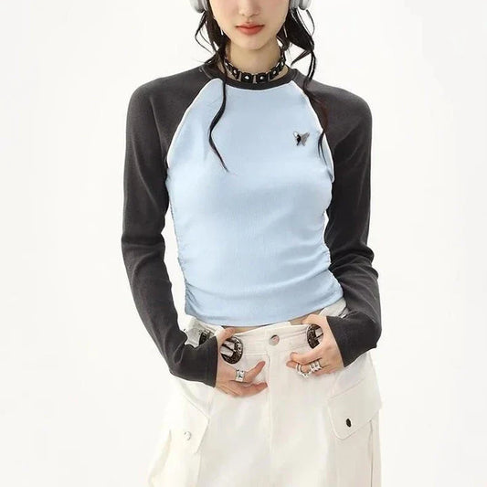 Women's Stylish Retro Patchwork Tee in Blue colour, featuring a unique patchwork design and relaxed fit