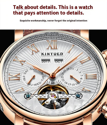 Automatic mechanical watch with genuine leather strap, featuring a stylish hollow-out dial design