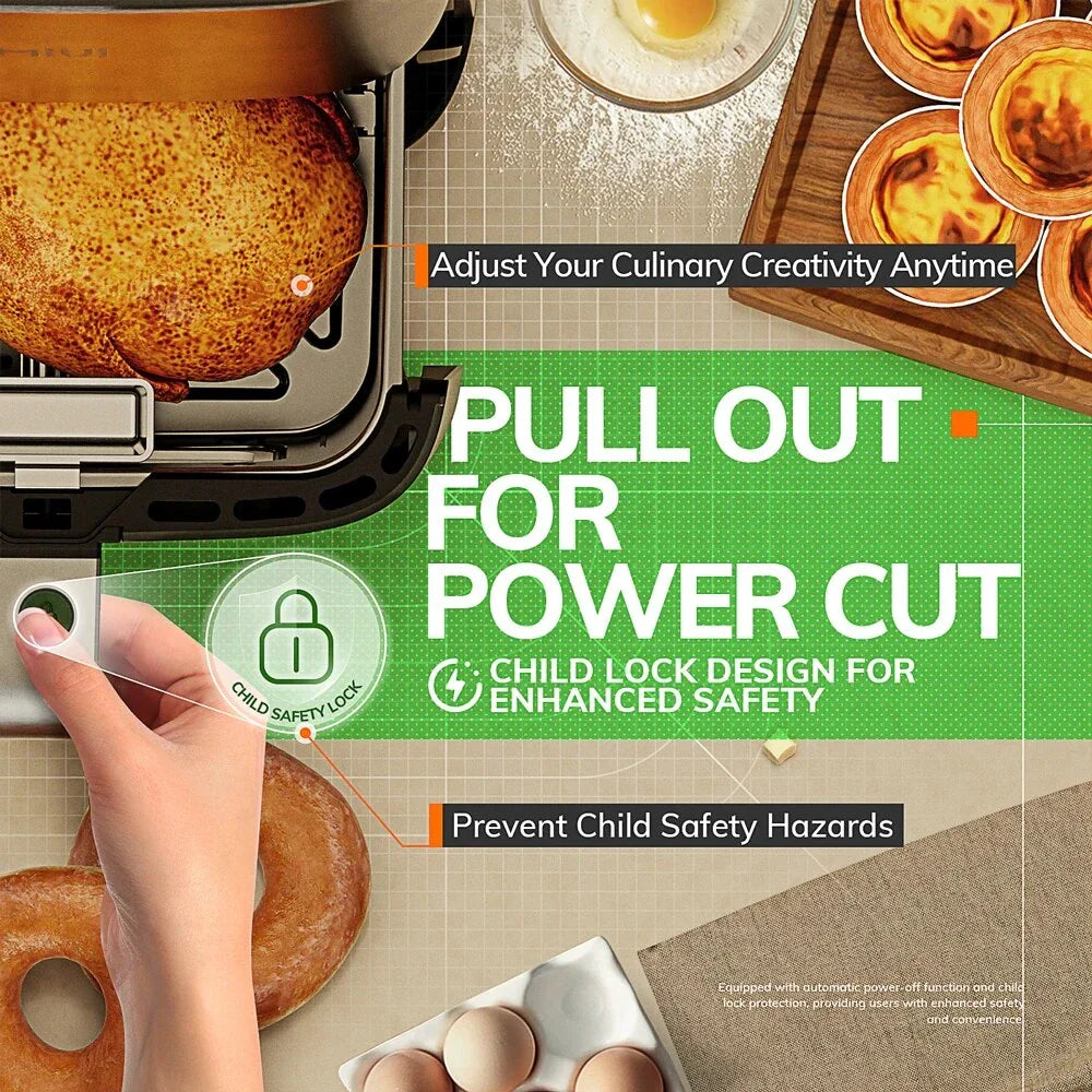 A powerful, family-sized air fryer with a touchscreen control panel and a transparent window for monitoring cooking progress.
