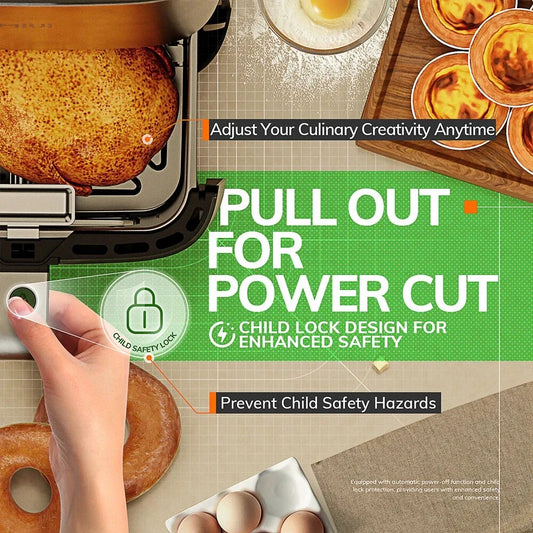A powerful, family-sized air fryer with a touchscreen control panel and a transparent window for monitoring cooking progress.