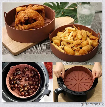 Premium silicone air fryer pot in brown and grey colours, suitable for various air frying and cooking tasks