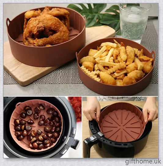 Premium silicone air fryer pot in brown and grey colours, suitable for various air frying and cooking tasks