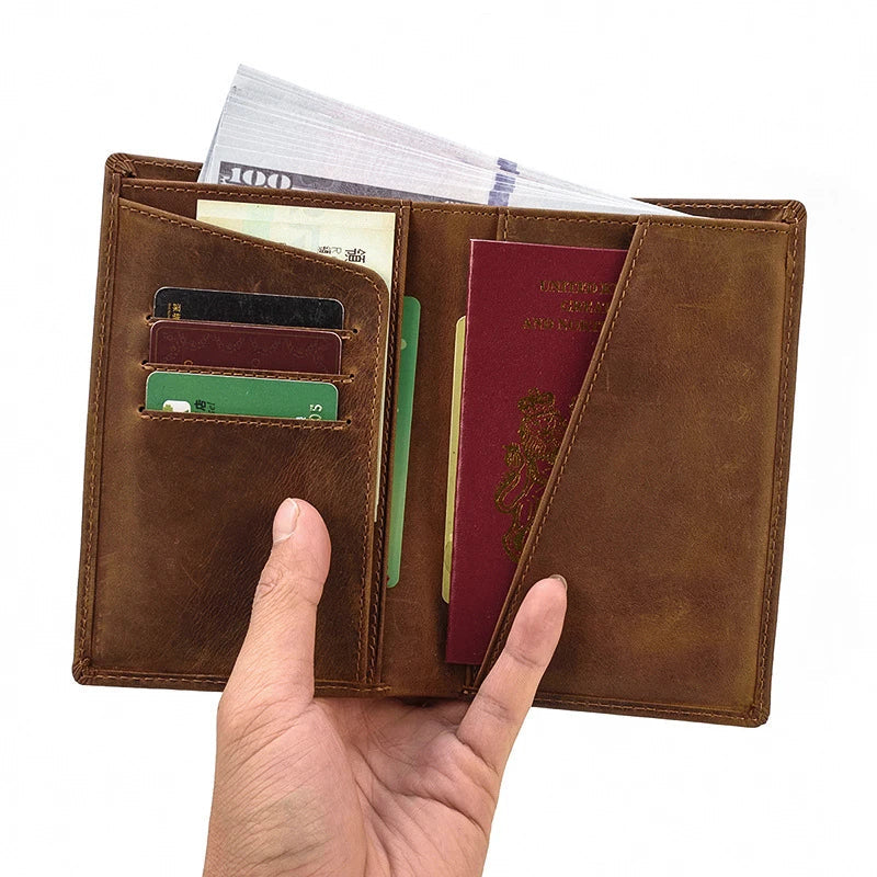 Premium black leather passport wallet with multiple compartments and slots for secure storage and organisation