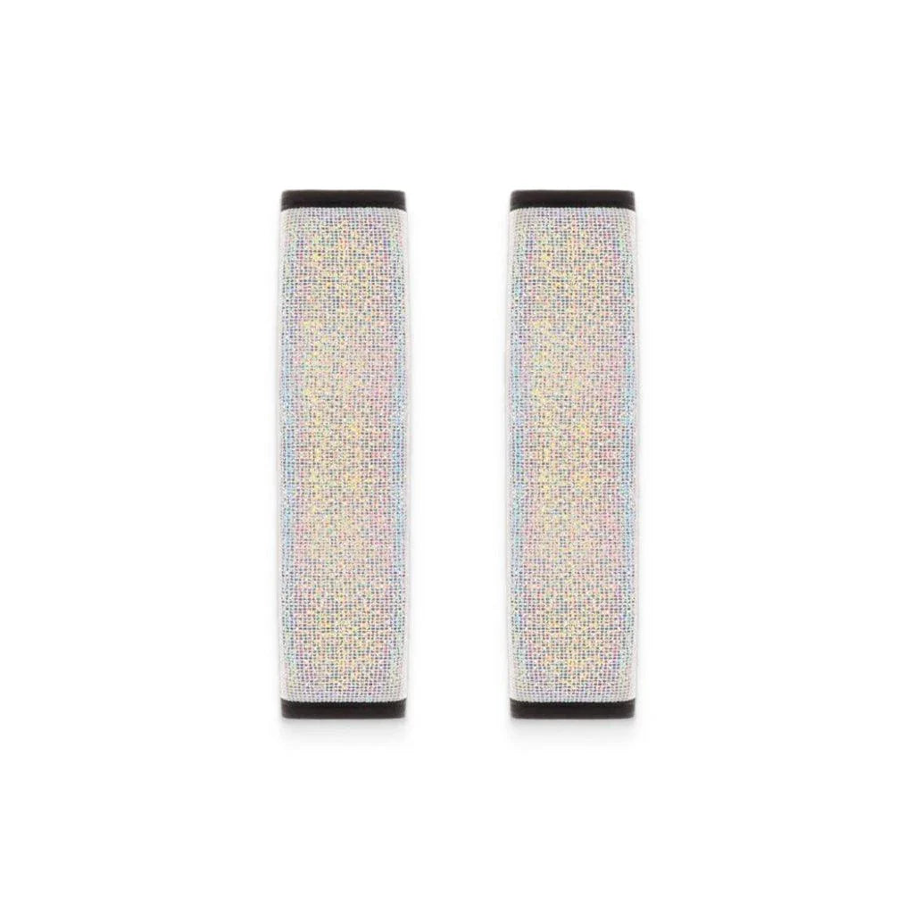 Multicoloured bling seat belt covers in a car, adding a touch of glamour and personality to the interior