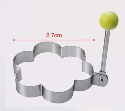 Premium stainless steel fried egg mould in various shapes including circle, flower, heart, and star