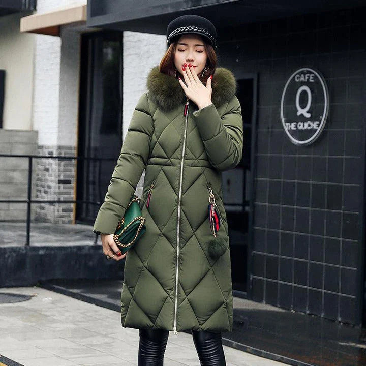 A premium padded down coat for women with a detachable hood, designed to provide warmth and style during the winter.