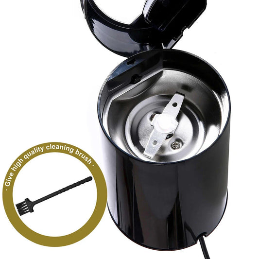 Compact electric stainless steel coffee grinder with sleek design and powerful 200-watt motor for consistent grinding