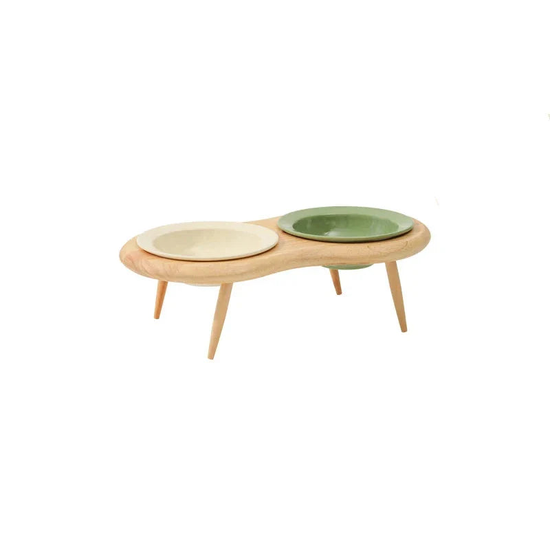 Elevated cat and small dog ceramic feeding set with adjustable wooden stand