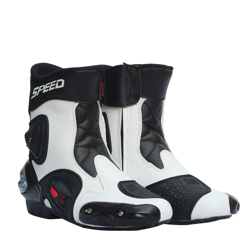 Premium motorcycle riding boots with durable microfiber leather, breathable mesh lining, and reinforced toe and heel for enhanced impact protection
