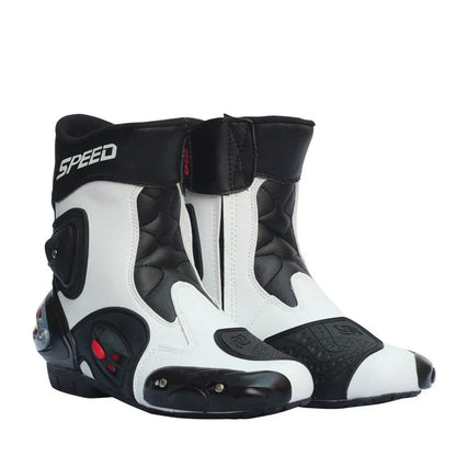Premium motorcycle riding boots with durable microfiber leather, breathable mesh lining, and reinforced toe and heel for enhanced impact protection