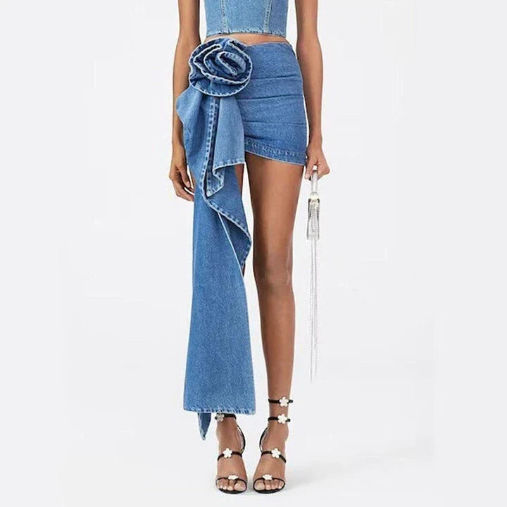 Chic high-waist blue denim skirt with elegant 3D rose floral detail, perfect for British summer fashion