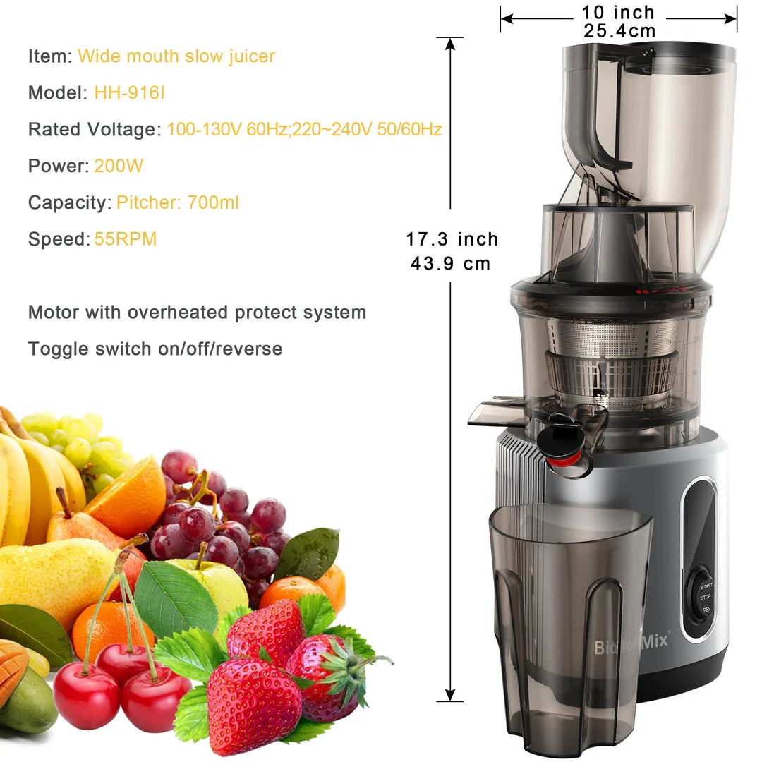 Premium cold press juicer with 200W motor, slow masticating process, and 3-inch wide feed chute for whole produce juicing