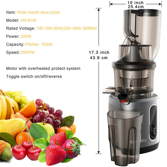 Premium cold press juicer with 200W motor, slow masticating process, and 3-inch wide feed chute for whole produce juicing