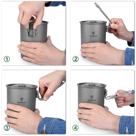 Durable titanium camping pot with lid and collapsible handle for outdoor adventures