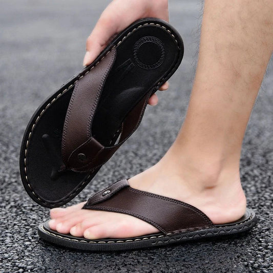 Durable and comfortable men's leather sandals in black, blue, and brown colours for casual wear