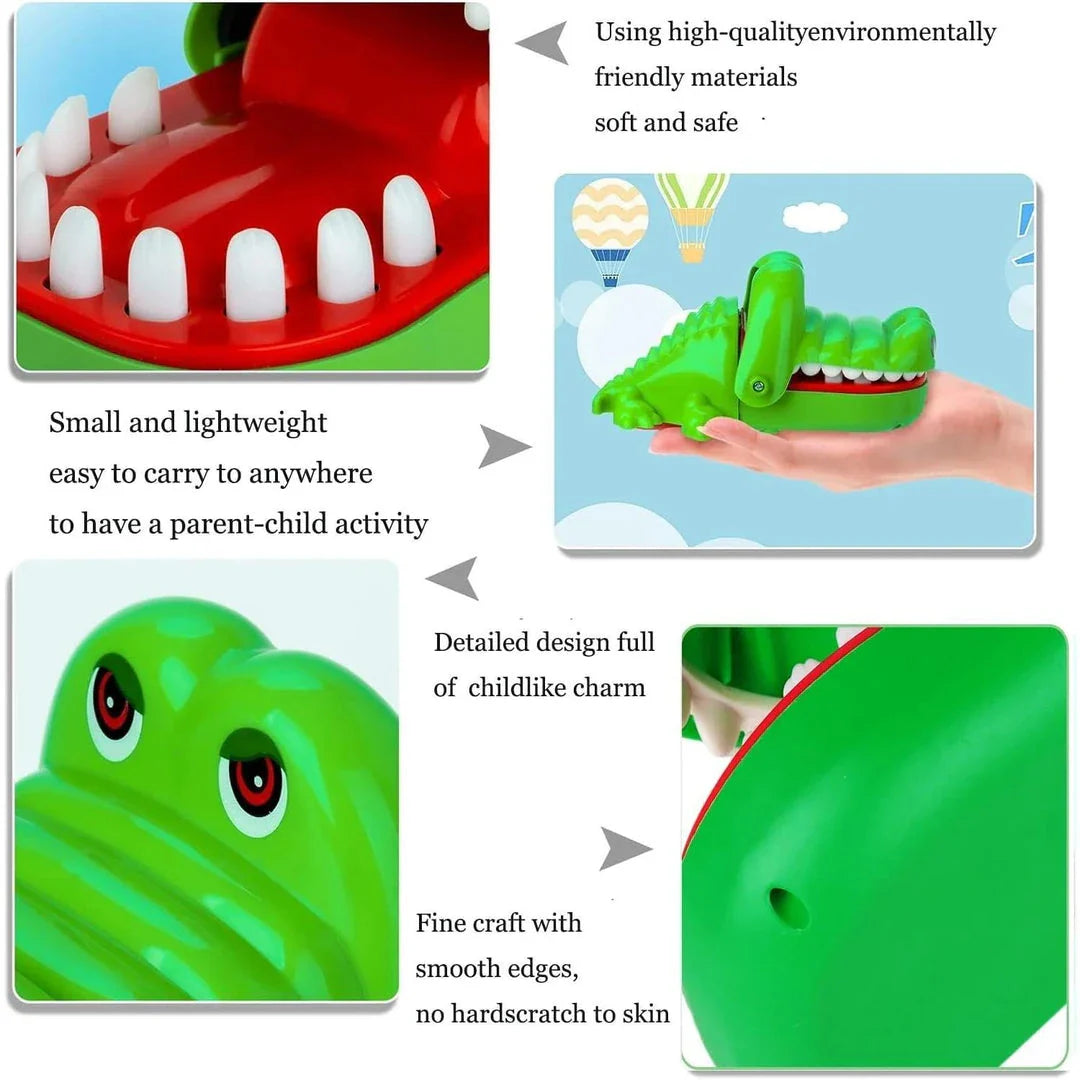 Whimsical green crocodile dentist game with bulging eyes and teeth, perfect for family fun and children's parties