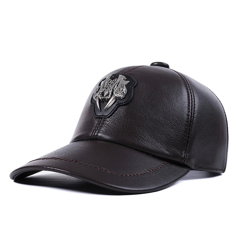 Premium leather peaked cap in black and brown for men and women, featuring an adjustable, breathable, and windproof design for casual wear.