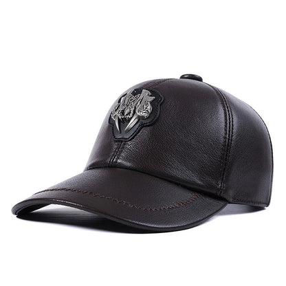 Premium leather peaked cap in black and brown for men and women, featuring an adjustable, breathable, and windproof design for casual wear.