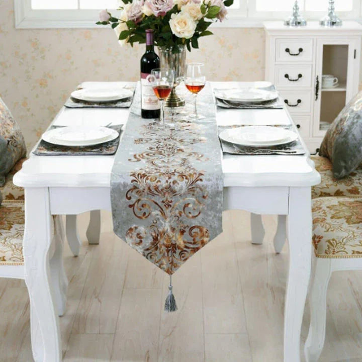 Elegant golden ornament table runner with intricate embroidery, adding a touch of regal charm to any dining setting.