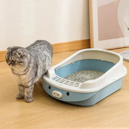 Oversized semi-enclosed cat litter box in Haze Blue colour, featuring high sides and covered top for enhanced privacy and litter containment
