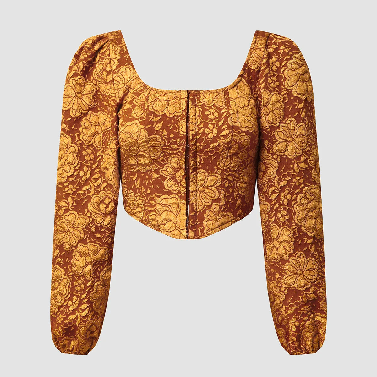 Embroidered long-sleeve tank top in brown, with square neckline and bubble sleeves