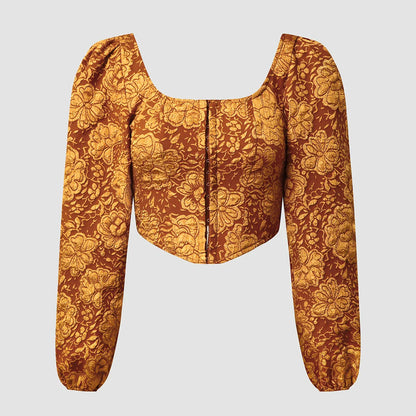 Embroidered long-sleeve tank top in brown, with square neckline and bubble sleeves