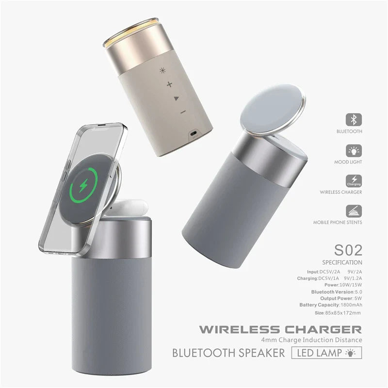 Premium 3-in-1 Wireless Charging Hub with Bluetooth Speaker and Touch Lamp for Home and Office Use