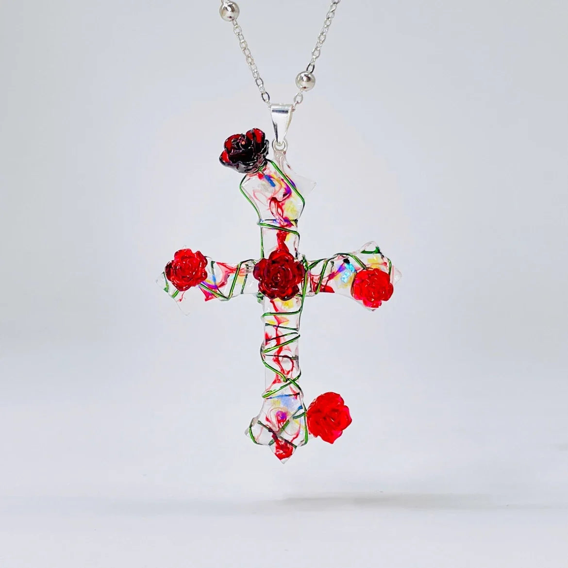Miaoke Handmade S925 Sterling Silver Cross Necklace with Captivating Rose Pendant