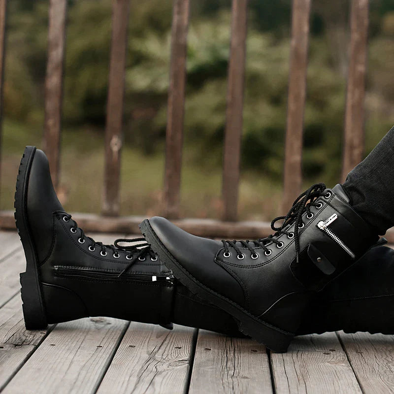 Premium mid-calf fleece-lined Martin boots for men, featuring a sleek square heel design and classic car stitch pattern in a durable black colour